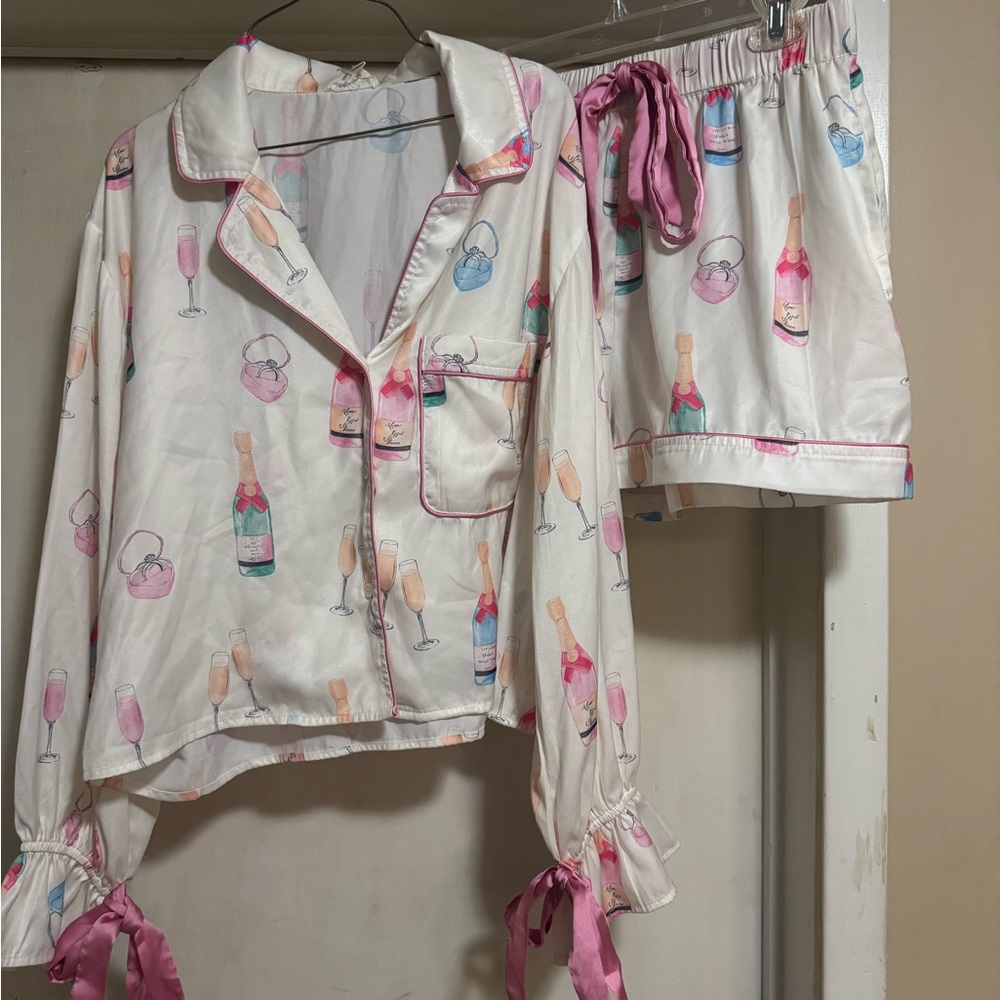 Peach Love California Satin Pajama Set in White and Pink Accents pajamas